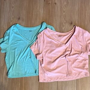 No Boundaries V-Neck Crop Tops - Teal and Light Pink